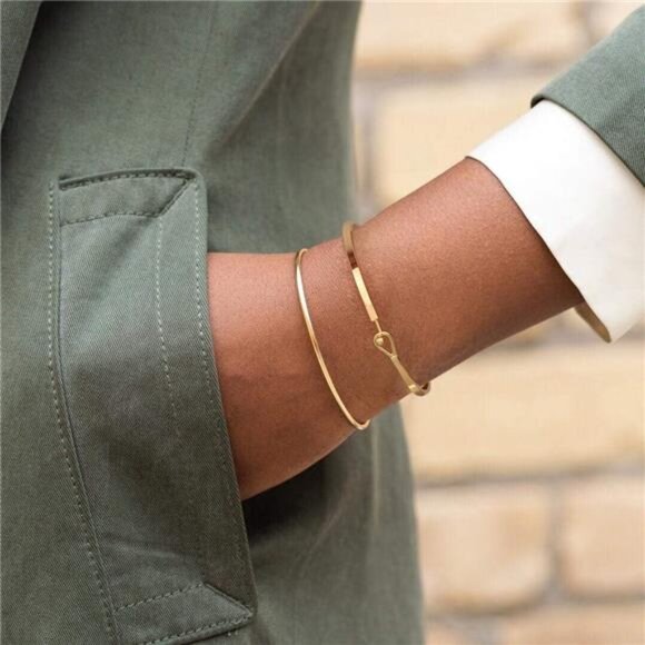 Dainty Gold Bar Bracelet for Women Simple Delicate Thin Cuff Bangle HookBracelet - Picture 5 of 7